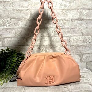NWT BADGLEY MISCHKA Blush Pink Wrapped‎ Frame Clutch Ruched Chain Vegan Leather